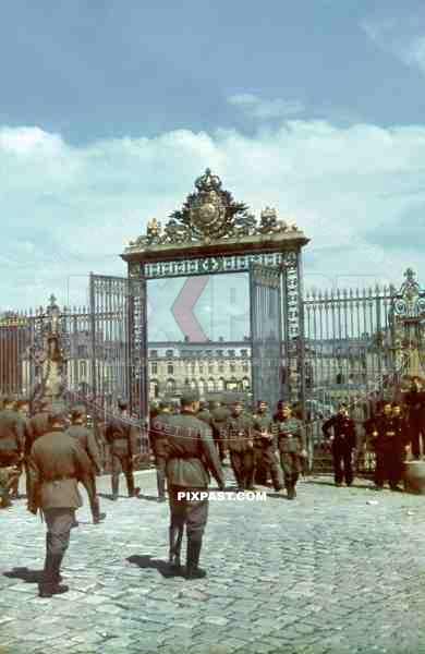 German soldiers touring through the gates of Palace of Versailles. France 1940