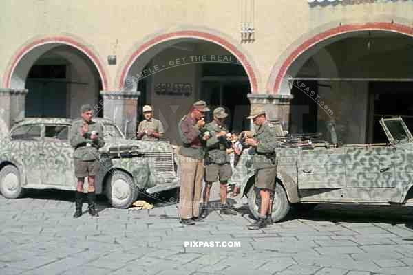 German soldies eating ice cream in Rome, January 22, 1944, Day of Anzio Invasion, VW Kubelwagen 82. 26th Panzer Divisions