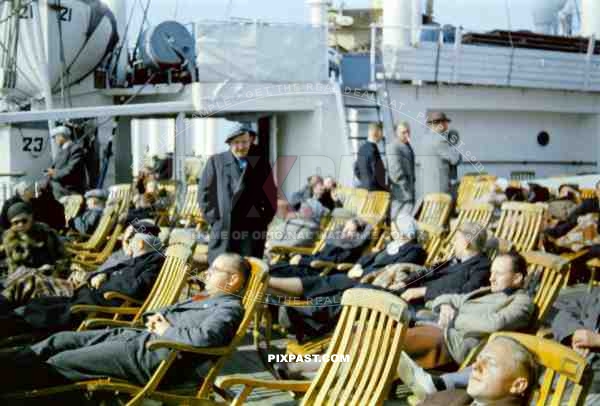 German Tourists laying in the sun on board a German KDF Cruise liner in the Norwegian Fjords. 1937