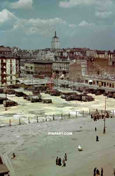 German wehrmacht parking lot in middle of captured Charkow / Kharkiv, Ukraine 1942.