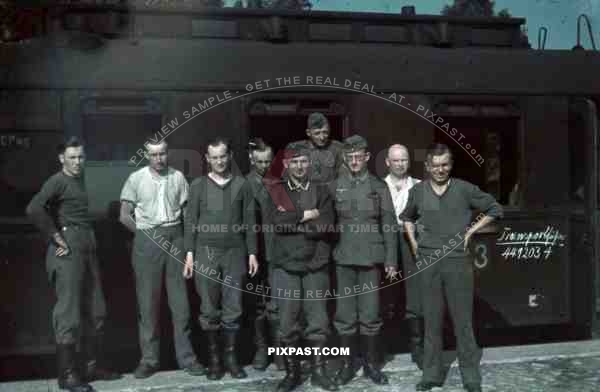 German Wehrmacht troop train transport wagon Russian front 1942 group photo from Paris France.