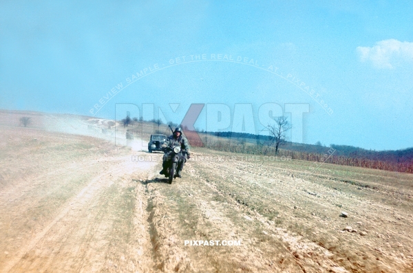 Germany army Kradmelder motorbike Messenger racing to Stalingrad summer 1942. 297 Infantry Division 