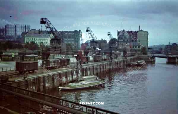 Hamburg Germany 1943 harbour ship building gas works train wagons boat