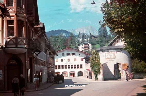Hotel Post Berchtesgaden Bavaria Germany 1937. Road Signs and Pedestrians.
