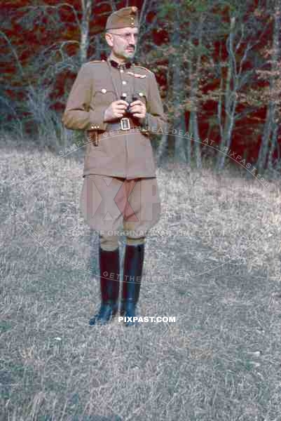 Hungarian Horthy medical first lieutenant army officer with binoculars in forest near Berlin Germany 1944.