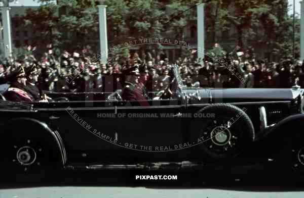 Italian politicians and military officers driving in a Parade through Berlin City. Berlin September 1937.Mercedes 770