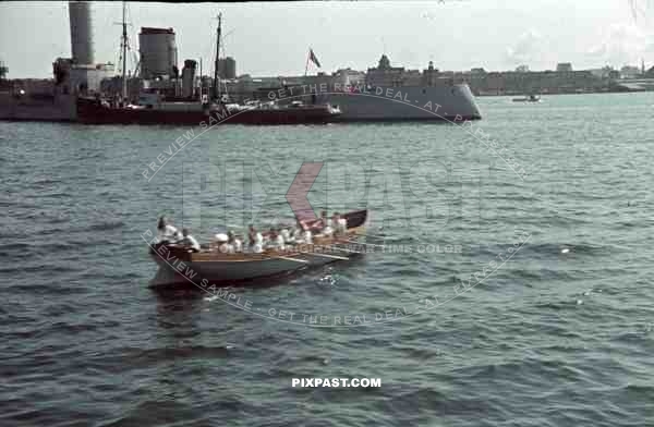 Kriegsmarine SA rowing boat WW1 german cruiser, Kiel Germany 1939