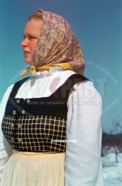 Local farmer girl in traditional costume. Bad Reichenhall Germany Winter 1944