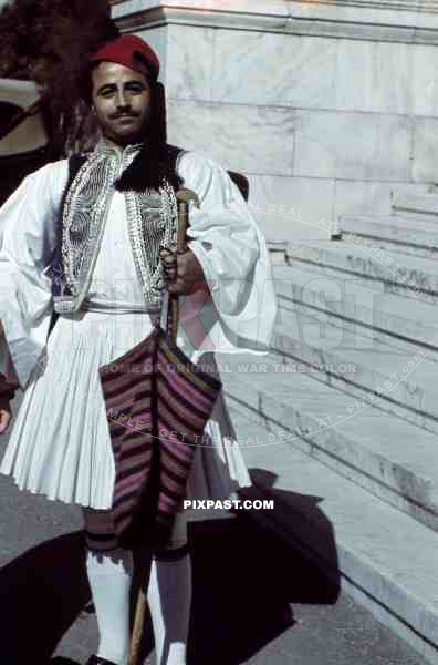 Local Greek palace guard Evzones in traditional foustanella costume. Athens. Greece. 1939.