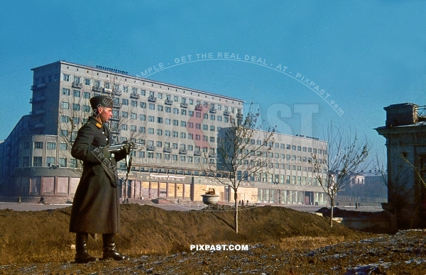 Luftwaffe soldier with MP 40 Maschinenpistole 40 submachine gun. Hotel International. Kharkiv, Ukraine November 1942