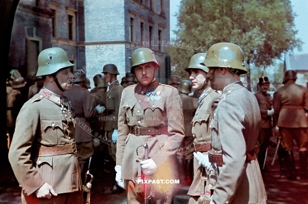 Minister of Hungarian Defense Lajos Csatay inspecting Hungarian Infantry in Budapest Hungary 1943