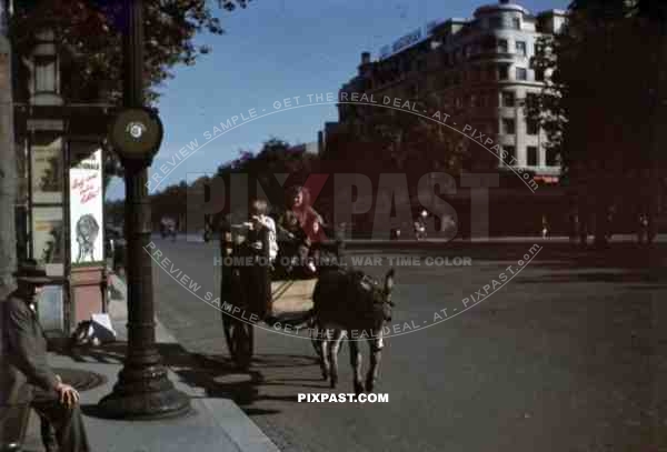 Mule drawn cart in Champs-Elysees Paris, France 1940