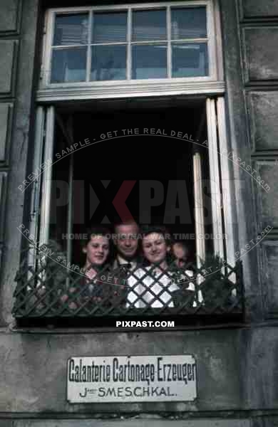 Old apartment house Vienna WIEN Austria 1941 Family Smeschkal window group photo wedding Luftwaffe officer