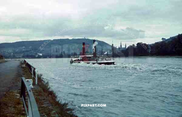 Paddle steamer, RÃ¼desheim, MÃ¤useturm von Bingen,  Rhein River,  Hessen, 1939