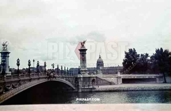 Pont Alexandre III Bridge Paris 1940. Ã‰glise Saint-Louis-des-Invalides Church. Seine River.