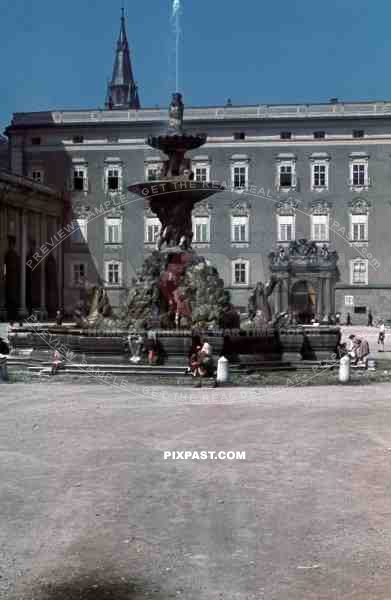 Residenzbrunnen Fountain beside Salzburg Dom Church.  Residenzplatz. 1940