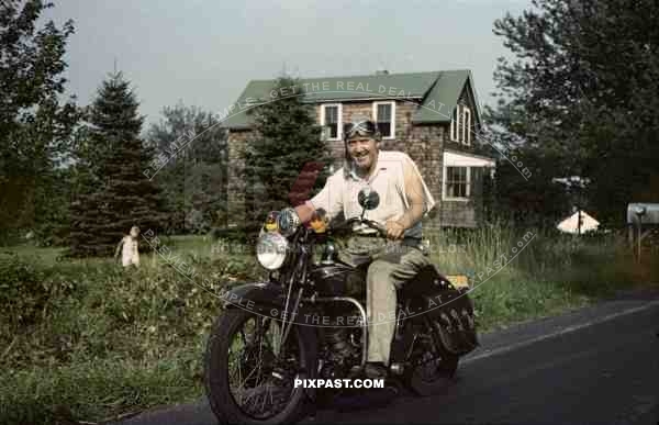 Returning american soldier on his indian motorcycle, USA, 1945, 