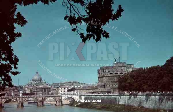 Rome Italy 1942. ST Peter_qt_s Basilica Petersdom and Castel Sant_qt_Angelo Engelsburg beside river Tiber