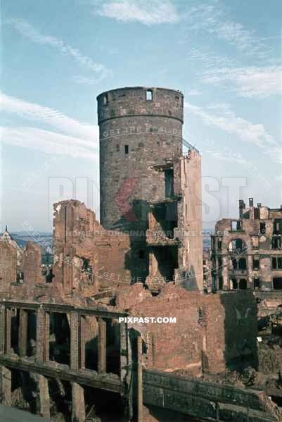 Ruins of the badly damaged Druselturm Tower in the old city centre of Kassel Germany. September 1944