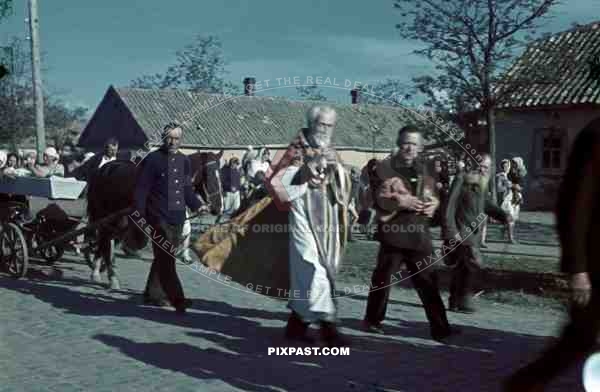 Russian Orthodox Funeral, Coffin on Horse Wagon, Russian Village, Priest, 22nd Panzer Division. 1942.