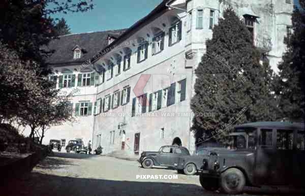 Schloss hofen, Lochau Austria 1939, Kaserne Barracks, Wehrmacht trucks and staff car, American car.