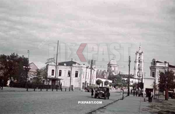 Soborna street and Spaso-Preobrazhenski cathedral in Sumy, Ukraine ~1941