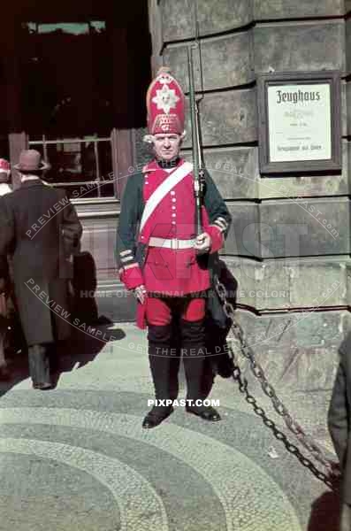 Soldier wearing period 1700 uniform. Collecting money for the Winterhilfswerk. Tag Der Wehrmacht. Zeughaus. Berlin 1940