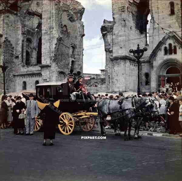 stage coach in front of a bombed Kaiser Wilhelm Church in Berlin, Germany ~1949