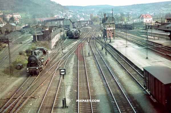 Steam Locomotive transporting cargo in the Train Station Bahnhof Marburg/Lahn. 1940