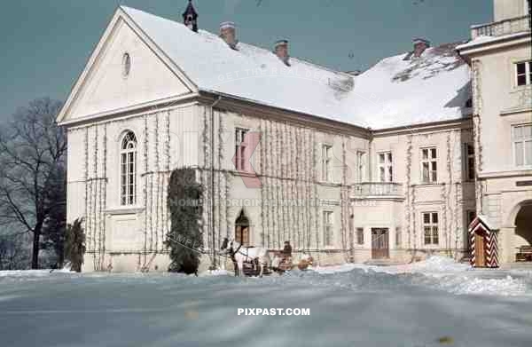 Tarnobrzeg, Polen, Poland 1941. Castle Schloss DzikÃ³w. Used by german army officers. Snow Winter Sled, guard box