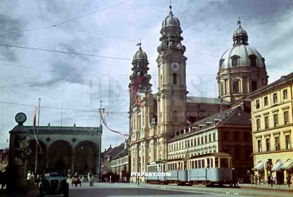 Theatinerkirche Church in front of Feldherrnhalle and Odeonsplatz. Munich Germany 1939.