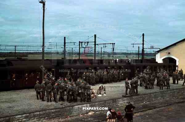 Train Station Ruffec France 1940, German Military Music Band playing for soldiers