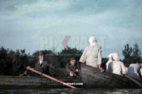 Two german soldiers in rowing boat, lake, 10th Motorised infantry division repair werkstatt Bryansk 1941
