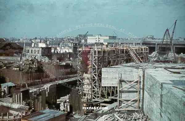 uboat kriegsmarine bunker construction cranes in Saint Nazaire, France 1942