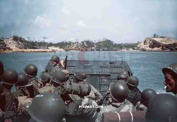US Landing Craft filled with American soldiers during Okinawa Invasion April 1st, 1945. Battle of Okinawa