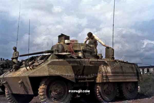 US M8 Greyhound Armoured Car Chattanooga prepare outside Rosenheim 1945. 101st Cavalry Regiment