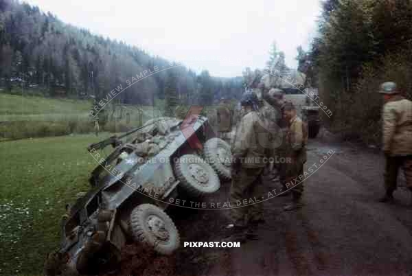 US M8 Greyhound Armoured Car crash out side of Bad Tolz Bavaria 1945. 101st Cavalry Regiment