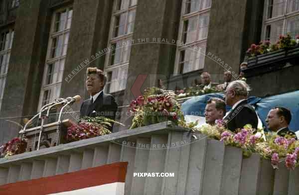 US President John F. Kennedy giving famous speech "Ich bin ein Berliner" West Berlin, Germany June 26. 1963.