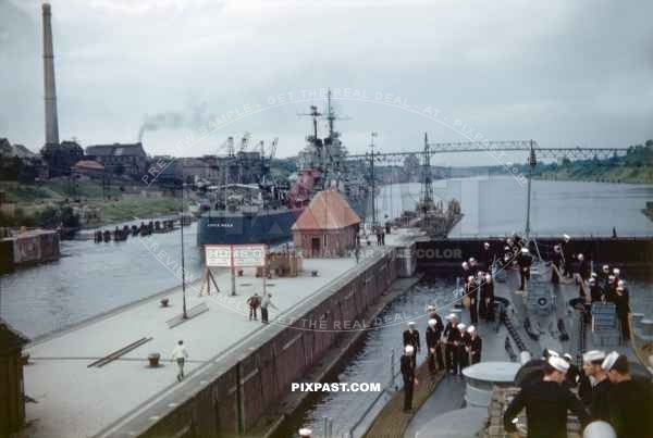 USS Little Rock (CL-92) United States Navy Cleveland-class light cruisers entering Kiel Canal Ostseekanal Germany June 1946