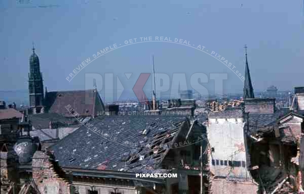 Vienna Austria (Wien) 1945 City roof top destruction, bomb damage, flak bunker tower. Kirche Church Maria am Gestad