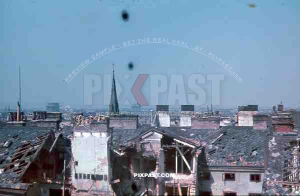 Vienna Austria (Wien) 1945 City roof top destruction, bomb damage, ruins, flak bunker tower.