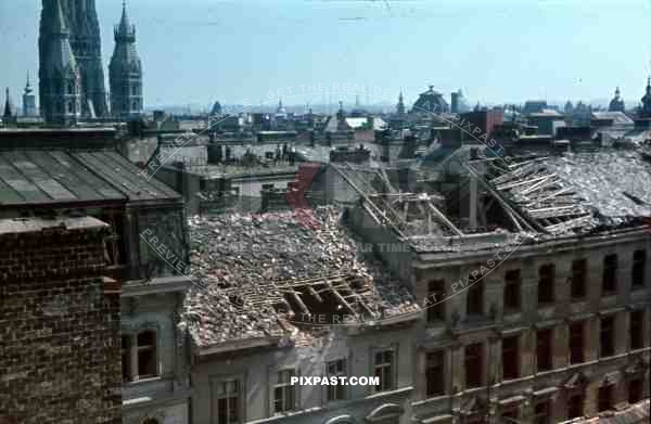 Vienna Austria (Wien) 1945 City roof top destruction, bomb damage, ruins, St. Stephen_qt_s Cathedral, Stephansdom,