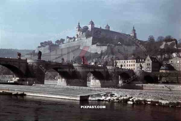 view over the Mainbridge and the Marienberg in WÃ¼rzburg, Germany ~1941