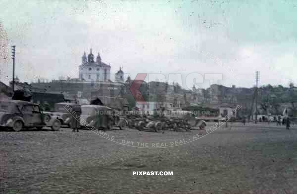 Wehrmacht convoy in front of the Smolensk cathedral, Russia ~1941