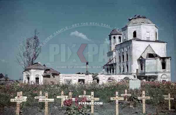 Wehrmacht graves in front of the Friday church in Demidow, Russia ~1943