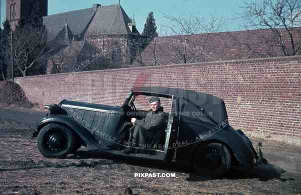 Wehrmacht soldier with car in NiederauÃŸem, Germany 1940