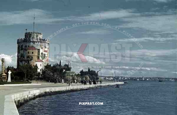 White Tower of Thessaloniki Greece 1942 harbor German occupation painted tower.