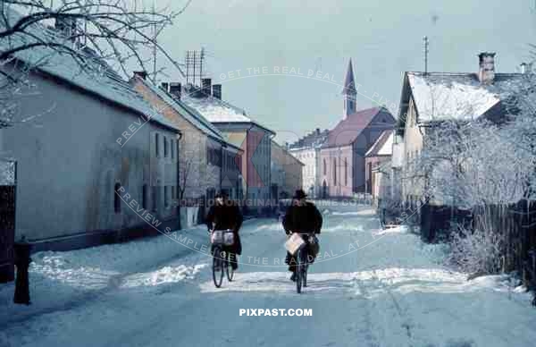 Winter 1940 bike cycle snow village town Bavaria church parcels post