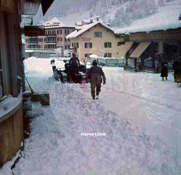 WW2 color Austrian ski village pension linard snow tractor 1937