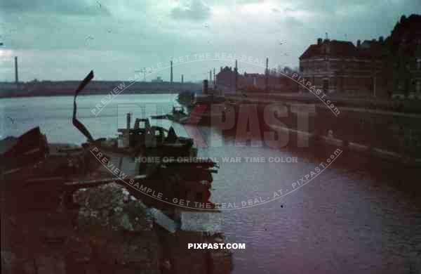 WW2 color Bombed damaged naval harbour Belgium canal 1940